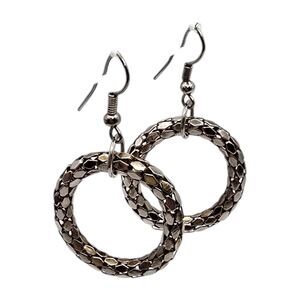 Pierced Hoop Earrings Dangle Scales Link Textured Silver Tone Round Shaped